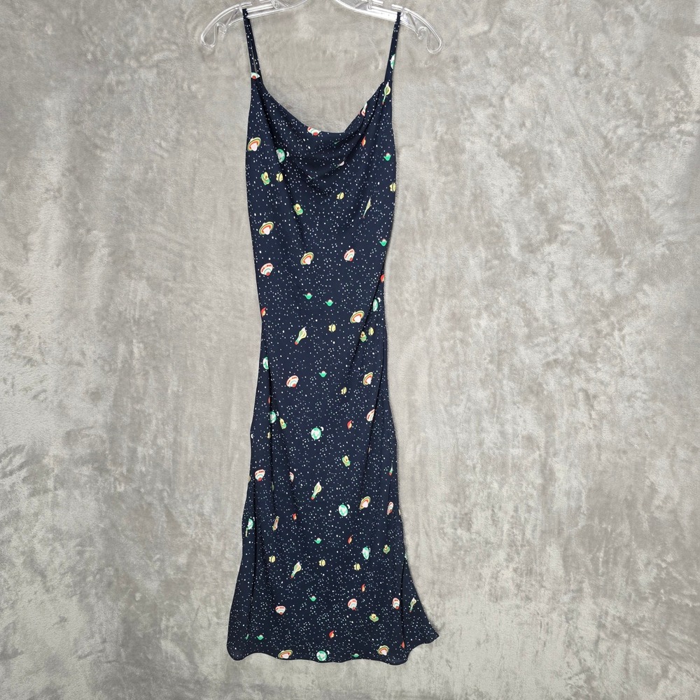 Celestial Y2K Sheer Slip Dress Women S Black Galaxy Space Planet Cowl Neck Midi